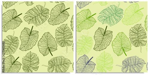 A vector set of a seamless pattern with sprigs of jungles leaves. Hand-drawn on sheet at the graphic style. Lines, compound path. Green color shades, monstera, alocasia, colocasia jungle leaves © Juli Ju