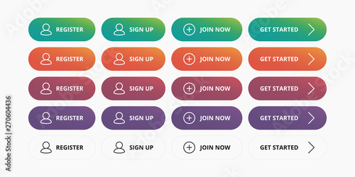 Register buttons set - Register, Sign up, Join now, Get started modern button for website