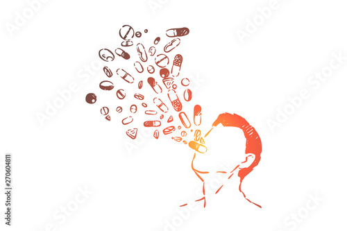 Medications overdose, pharmaceutical industry danger, medicines and drugs addiction metaphor
