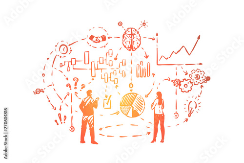Finding problem solution, planning ahead of schedule, thought process, reviewing charts and graphs, brainstorming new ideas