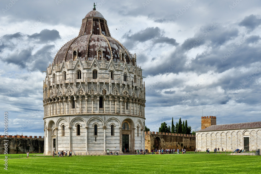 Panorama of the leaning tower of Pisa with the cathedral (Duomo) and the baptistry in Pisa, Tuscany, Italy