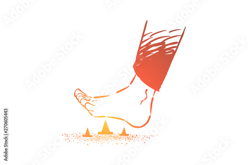 Stepping on metal pins barefoot, foot stepping on spiky pin and tack on the floor