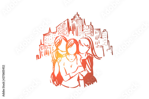 Happy girlfriends, faceless women posing for photo, urban tourism, recreation, holiday vacation, female friendship
