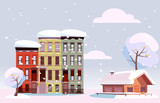 Winter Urban and Countryside Landscape. Citiscape versus suburb. Urban landscape with three-story houses and suburb with private house. Flat illustration. Cloudy snowy day