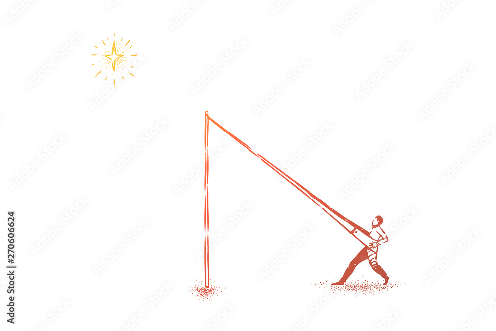 Reaching stars metaphor, man in catapult pushing himself in sky Reaching stars metaphor, man in catapult pushing himself in sky