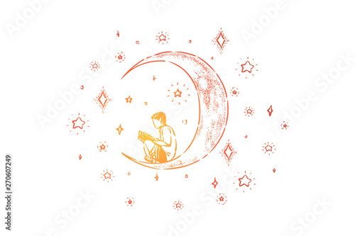 Little boy sitting on crescent, preschool child reading fantasy book on moon, night sky with shiny stars