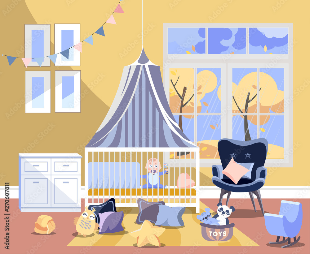 Fototapeta premium Newborn kid nursery room interior flat illustration of bedroom furniture. Childrens room with toys, chest of drawers with changing board, easy chair, bed with boy, window with autumn landscape
