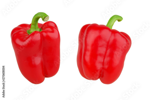 Sweet red bell pepper with green stem isolated on white background. Red sweet pepper isolated with clipping path.