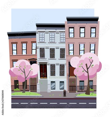 Nonlinear houses look out of the picture. Flat cartoon style spring city street. Tree houses on Street cityscape. Day city landscape with pink bloming trees with green lawns in the foreground photo