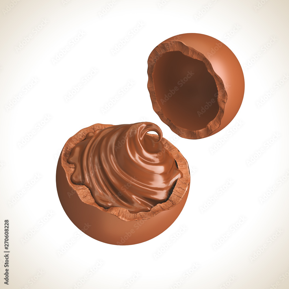 Chocolate Easter egg broken with dark chocolate cream inside, 3d rendering. Chocolate Easter egg broken with dark chocolate cream inside, 3d rendering.