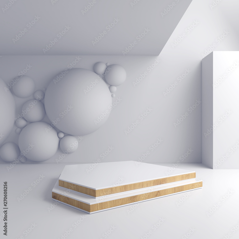 3d rendering white background with wood podium abstract scene. 3d rendering white background with wood podium abstract scene.