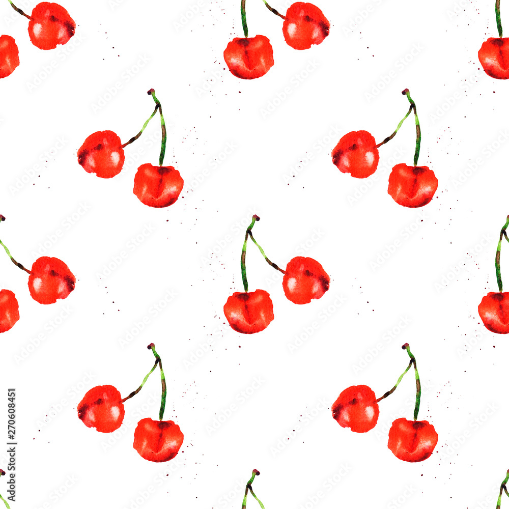 Watercolor seamless pattern from red juicy cherries. Sketch drawing. Food background, painted bright composition. Hand drawn food illustration. Fruit print. Summer sweet fruits and berries. Watercolor seamless pattern from red juicy cherries. Sketch drawing. Food background, painted bright composition. Hand drawn food illustration. Fruit print. Summer sweet fruits and berries.