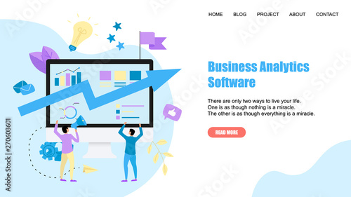 Webpage Template. Business analytics software blue arrow. Finance concept. 