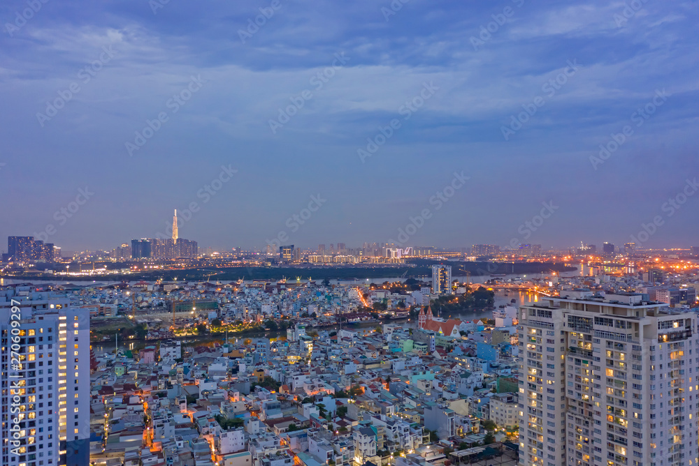 High Density Suburban area at Twilight Aerial of SE Asian City