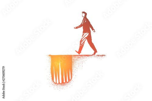 Dangerous path metaphor, man moving to hole trap with sharp spikes
