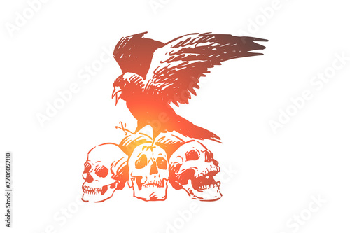 Raven on human skulls, halloween gothic spooky composition, death and destruction metaphor