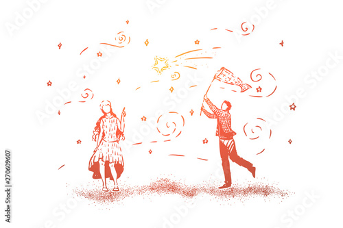 Cute couple standing together, man catching stars with net, true romantic love artwork, girl pointing at star with her finger