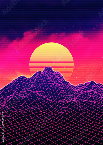 Vaporwave landscape with rocks