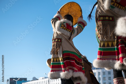 Yakutsk, Yakutia/Russia- May 21 2019: Celebration of a significant event - the inclusion of eight districts of Yakutia in the Arctic zone of Russia. Dancers in national folk clothes with drums