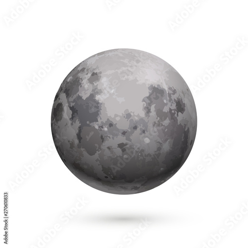 Bright realistic moon with texture on white