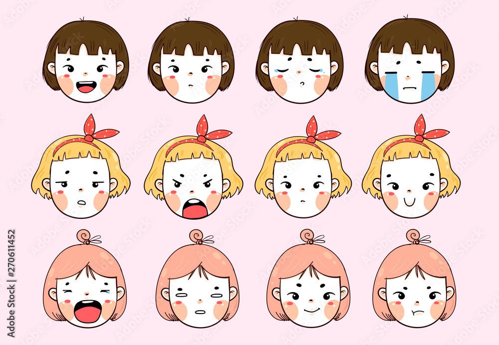 Three kawaii girls with various face emotions. Different cute funny characters with various haircuts. Hand drawn vector set. Colored trendy illustration. Flat design. All elements are isolated Three kawaii girls with various face emotions. Different cute funny characters with various haircuts. Hand drawn vector set. Colored trendy illustration. Flat design. All elements are isolated