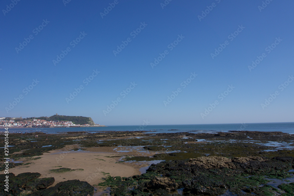 View across beach at low tide  towards Scarborough town and castle on hill, under a clear blue sky on a sunny day 