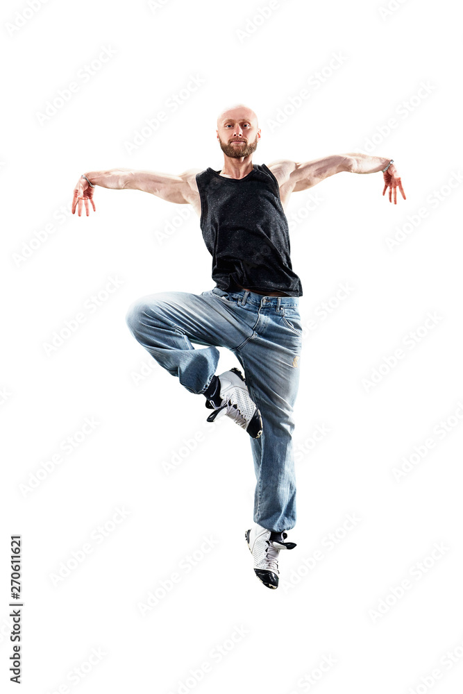 Isolated male Hip Hop Dancer. Beautiful guy dancing on white background