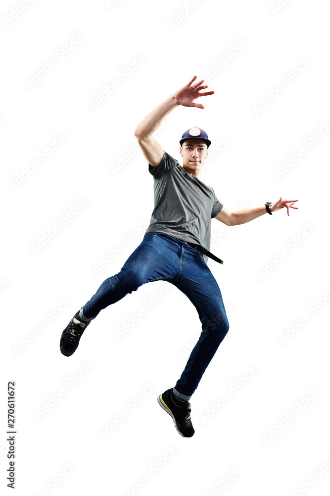 Isolated male Hip Hop Dancer. Beautiful guy dancing on white background