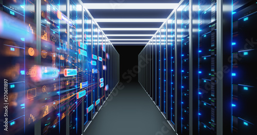 Fototapeta Naklejka Na Ścianę i Meble -  Corridor of  server room with server racks in datacenter. 3d illustration