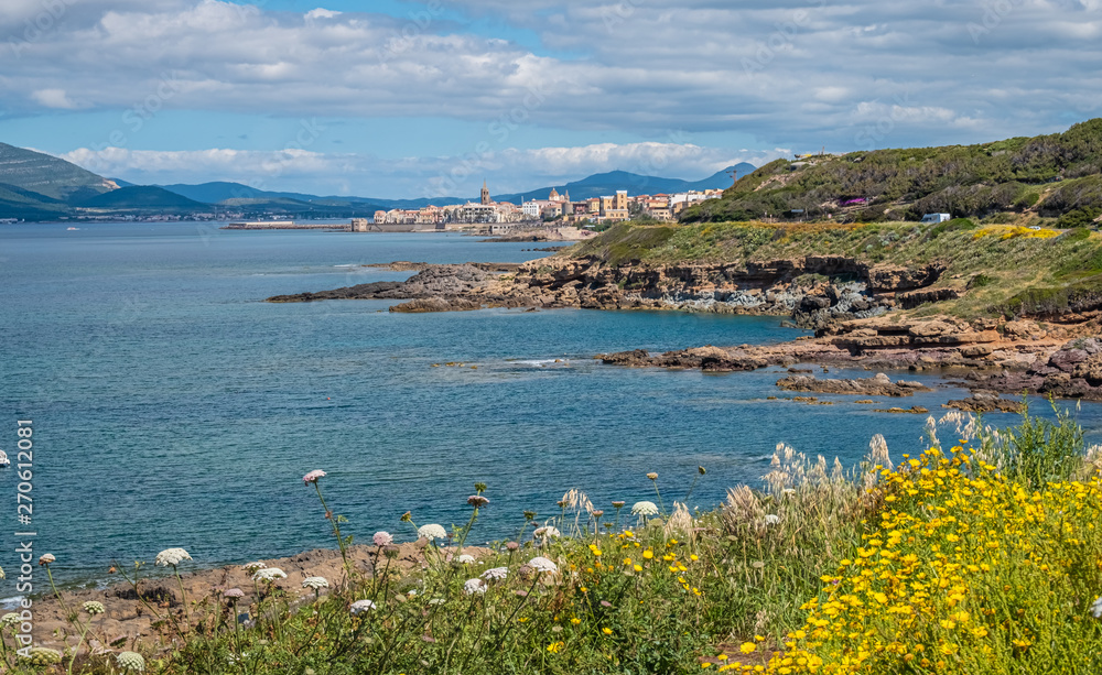 Spectacular landscapes, awe-inspiring cliffs, charming villages and historical landmarks along the coastal road between Alghero and Bossa (SP 105), Sardinia, Italy. 