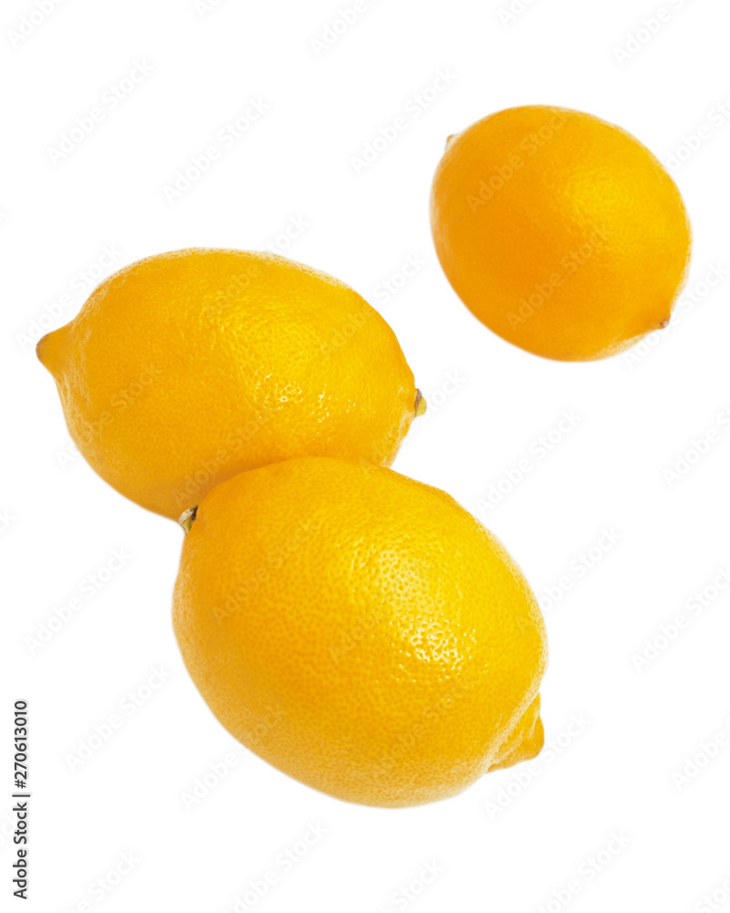 Three lemons isolated on white background. Tropical fruit. Flat lay, top view Three lemons isolated on white background. Tropical fruit. Flat lay, top view