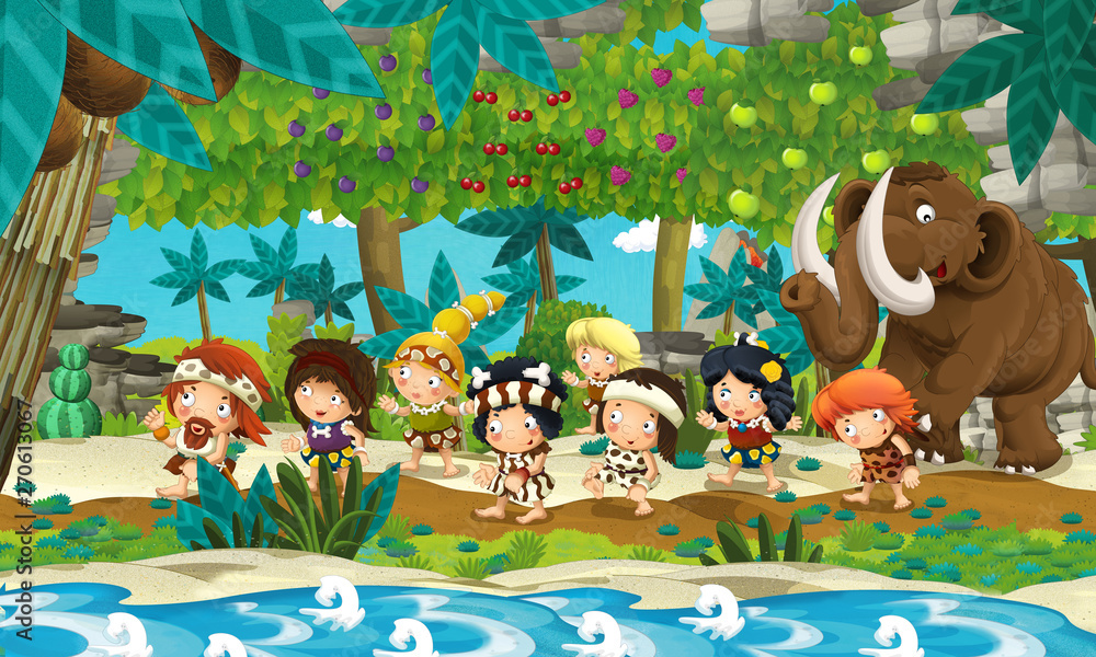 Naklejka premium cartoon scene with cavemen traveling near the stream with mammoths illustration for children