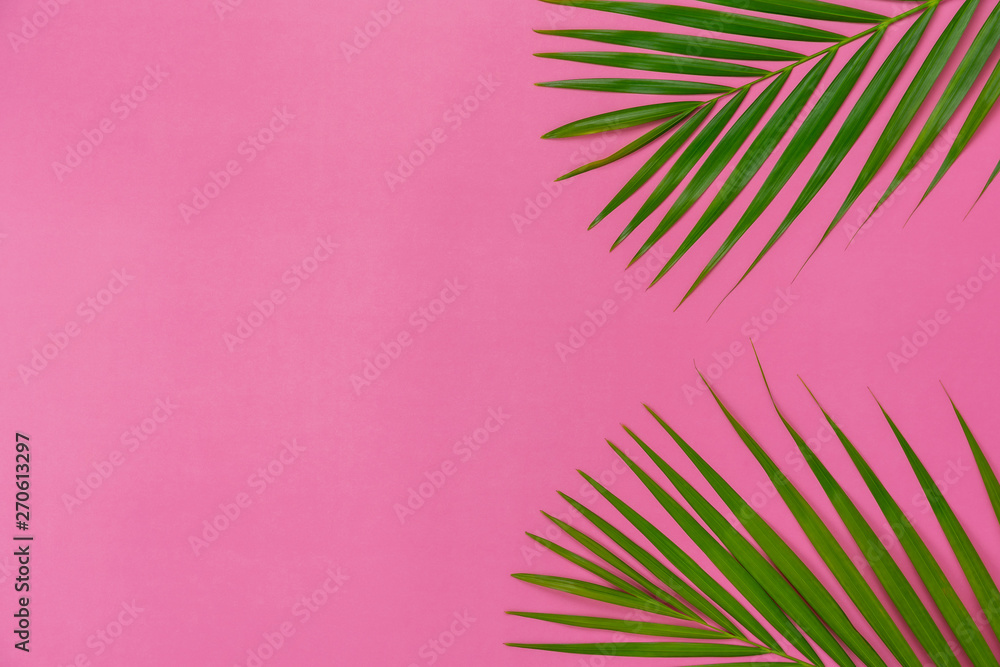 Fototapeta Table top view aerial image of summer season holiday background concept.Flat lay coconut or palm green leaf on modern rustic pink paper backdrop.Free space for creative design mock up text for content