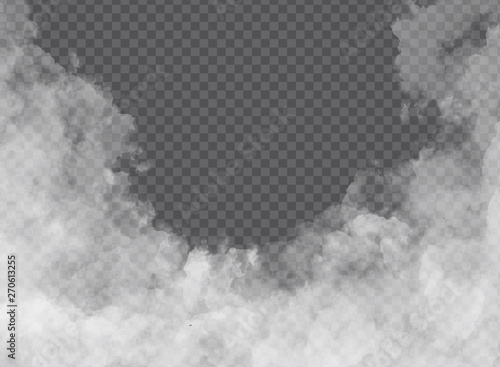 Fog or smoke isolated transparent special effect. White vector clouds, fog or smog background. Vector illustration