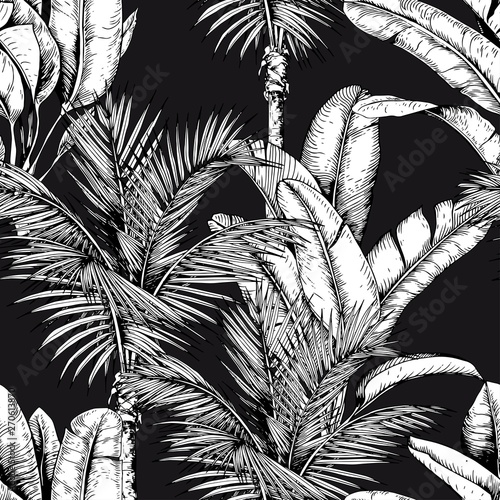 Seamless pattern with tropical palm trees and banana leaves. Black and white vector. Hand drawn illustration.