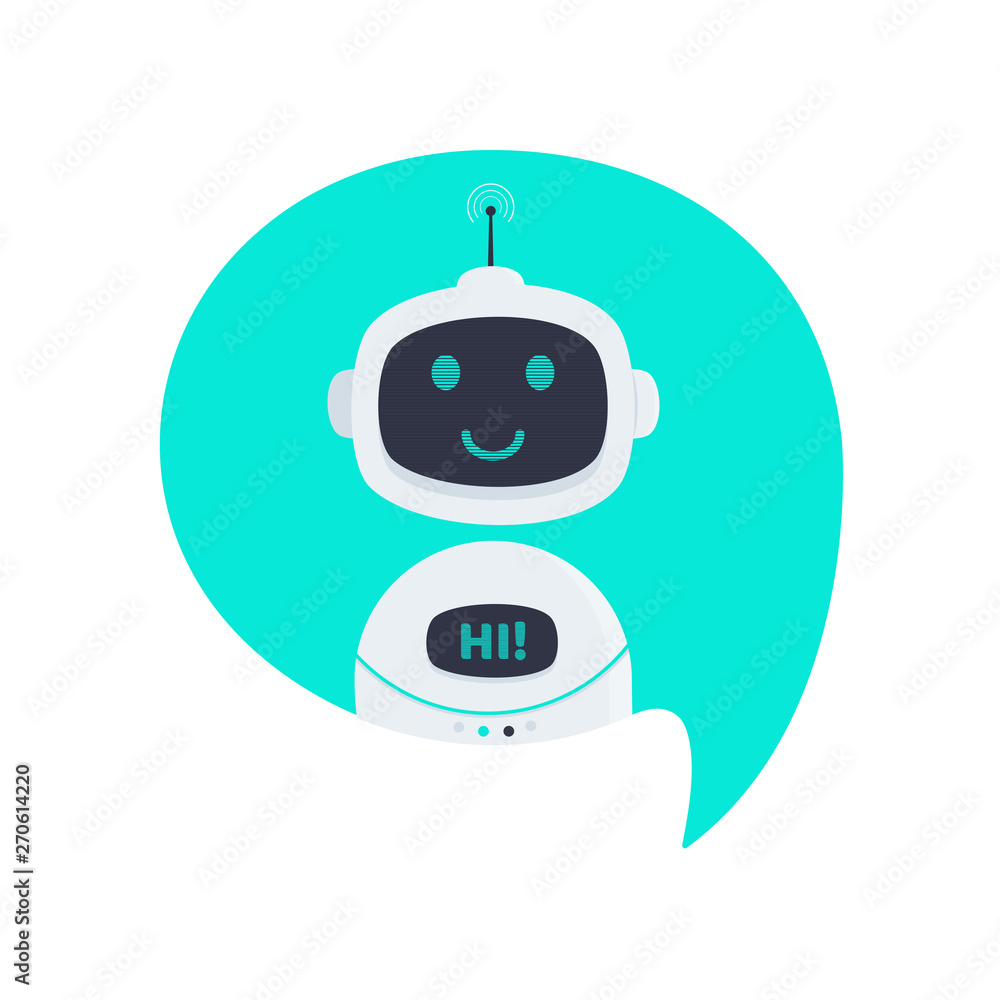 Robot chatbot icon sign in the speech bubble flat style design vector illustration isolated on white background. Cute AI bot helper mascot character concept symbol business assistant.