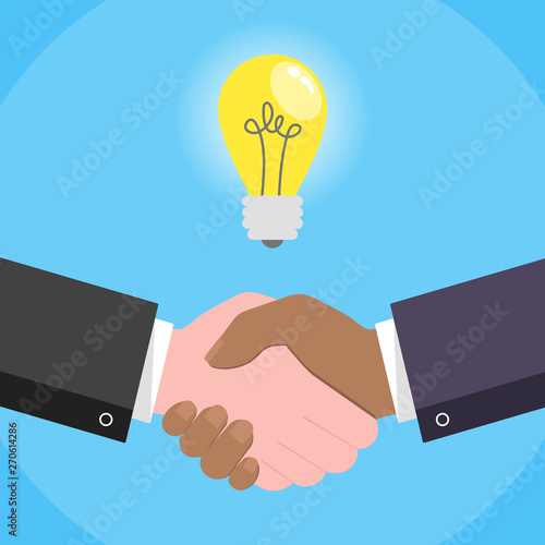 Businessmen shaking hands flat style design vector illustration with lightbulb - idea symbol. Success deal, partnership, greeting, handshaking agreement isolated on blue background with glowing.