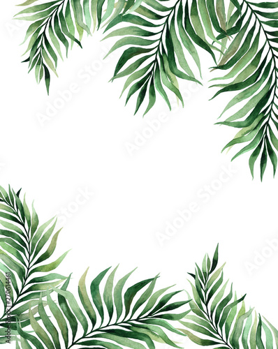 watercolor illustration of tropical leaves  green branches  fern. frame of tropical leaves. invitation to the wedding