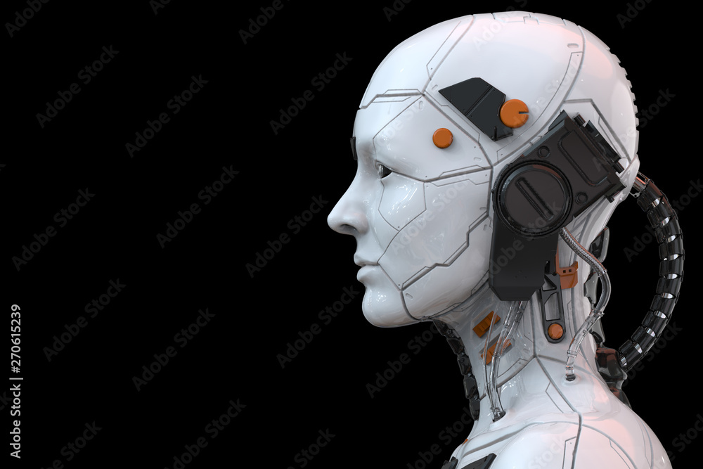 3d rendering of an android robot cyborg woman humanoid - side view and  isolated in an empty background  