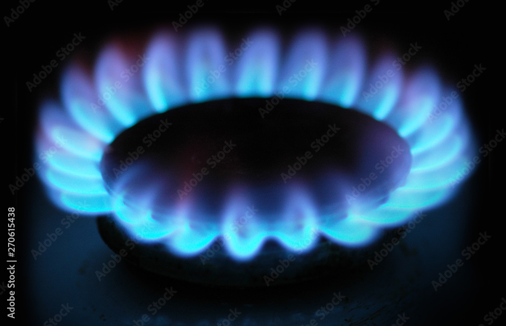 Burning blue gas on the stove. Focus on the front edge of the gas burners Burning blue gas on the stove. Focus on the front edge of the gas burners