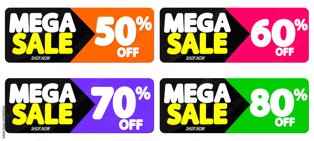 Set Mega Sale tags, banners design template, app icons, 50% off up to 80 percent, vector illustration