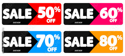 Set Sale tags, banners design template, app icons, 50% off up to 80 percent, vector illustration