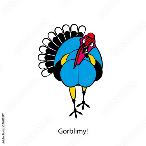 Cartoon character farm bird. A funny cool turkey stands and tilts his head to grimace with his beak open against a white background. Vector illustration. Gee!Geez!Gorblimy!