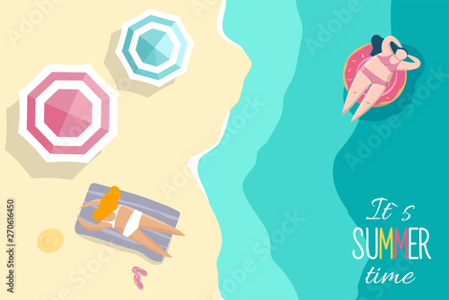 Summer time beach illustration in vector. People swimming, sunbathing and relaxing in the ocean.Young long-haired girl sunbath on ring in the sea. Summer vacation, traveling tour concept.