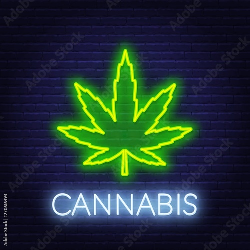 Cannabis neon sign on brick wall background. Vector illustration.