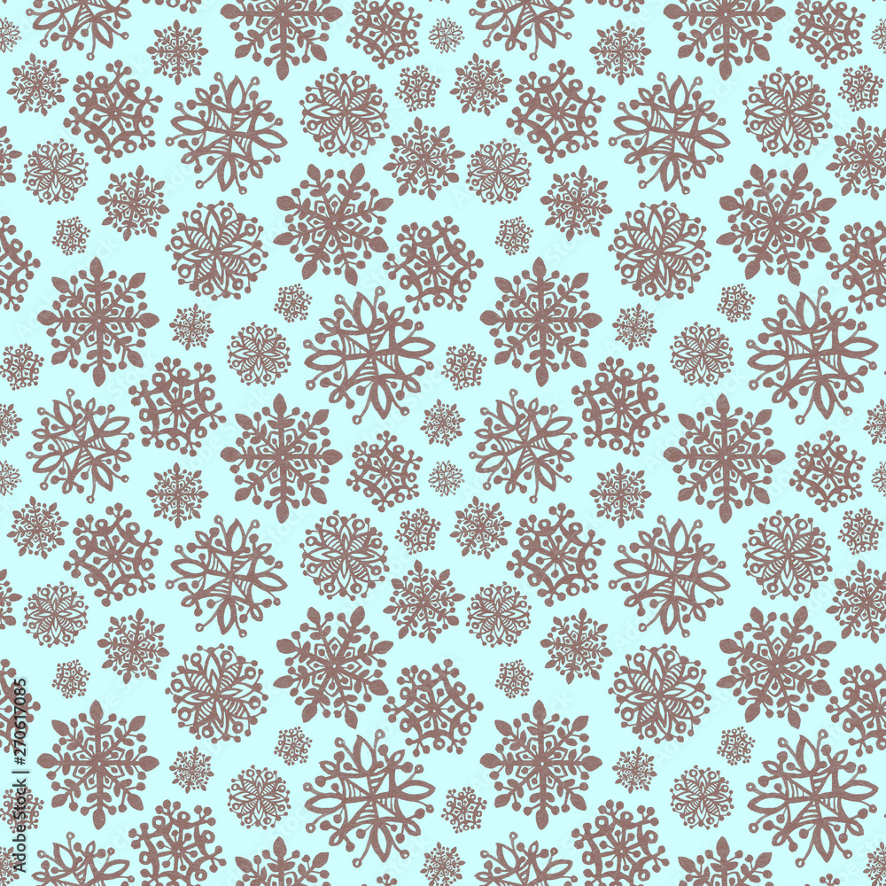 Seamless pattern from stylized snowflakes. Handmade. Design of packaging, fabric and wallpaper.	