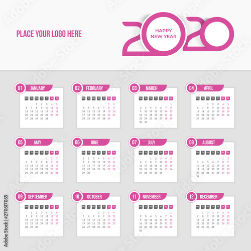 2020 Year Calendar - Week starts on Monday. Vector Design Template