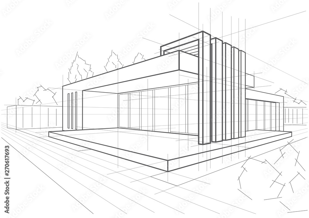 abstract architectural linear sketch modern cottage on white background