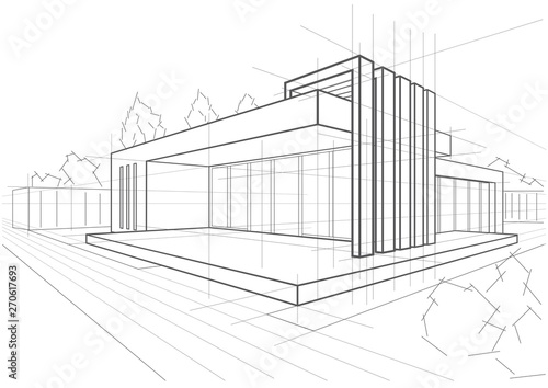 abstract architectural linear sketch modern cottage on white background