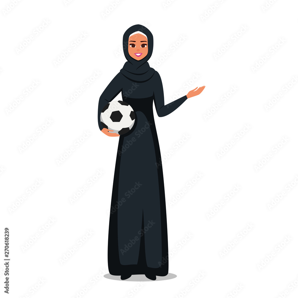 Arab woman wearing hijab holds a soccer ball and showing at something with hand. Vector illustration isolated from white background